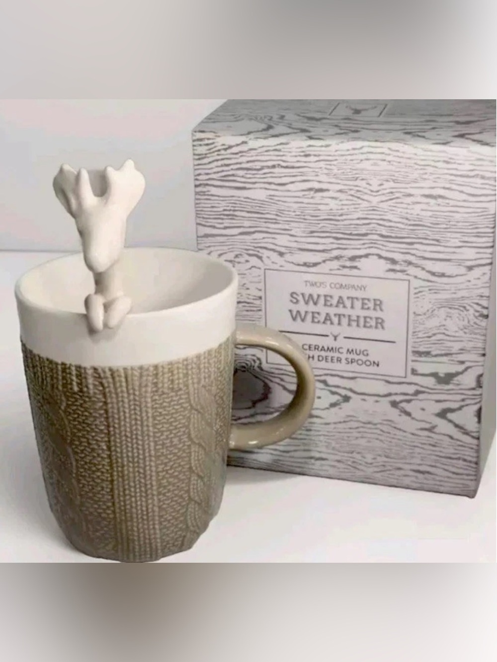 Two’s Company Sweater Weather Cable Knit Mug & 3D Deer Spoon Set NIB